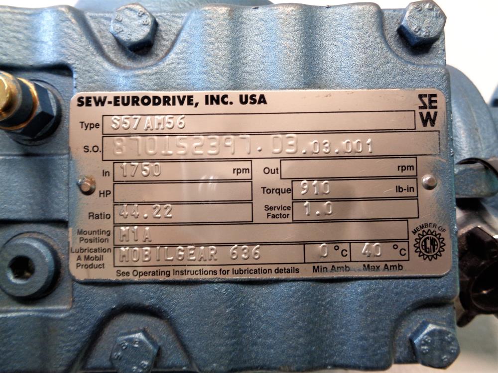 Sew-Eurodrive Gearbox 44.22 Ratio, 1750RPM, Type S57AM56
